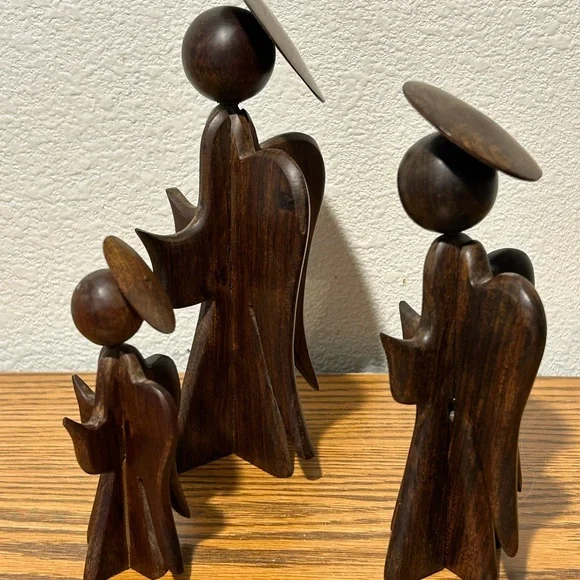 Vintage Wooden Angel Sculpture Trio - Brown - Picture 4 of 11